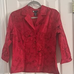 Carol Little Silk  Red Floral Button Down Shirt SZ Small